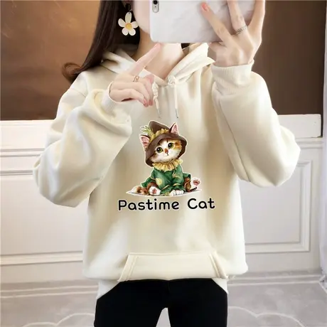 杏色加绒卫衣女2024年新款秋冬加厚连帽上衣宽松韩版羊羔毛外套潮图片