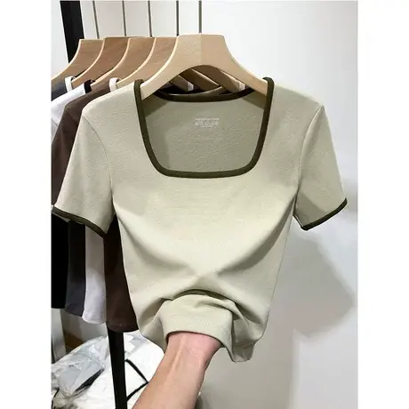 欧货百搭撞色方领短袖T恤女2023夏新款修身弧形下摆体恤小衫上衣商品大图