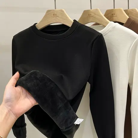 欧货圆领加绒加厚打底衫女秋冬内搭洋气修身保暖上衣长袖t恤女潮商品大图