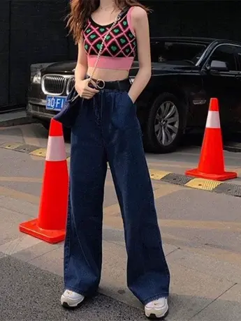 清仓捡漏夏秋装chic港味牛仔阔腿裤子女2023新款ins高腰宽松显瘦图片