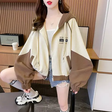 早春华夫格连帽卫衣女春秋季韩版宽松薄款撞色小个子短款开衫外套图片