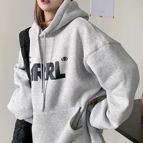 国潮ins加绒连帽卫衣女宽松2021春秋oversize原宿加厚慵懒风上衣商品大图