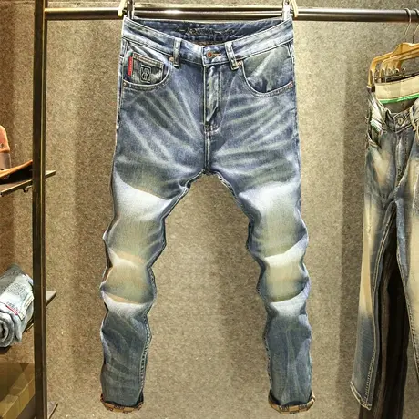 2024春秋款潮牌烫印牛仔裤男款修身小脚裤弹力复古怀旧水洗裤子男商品大图
