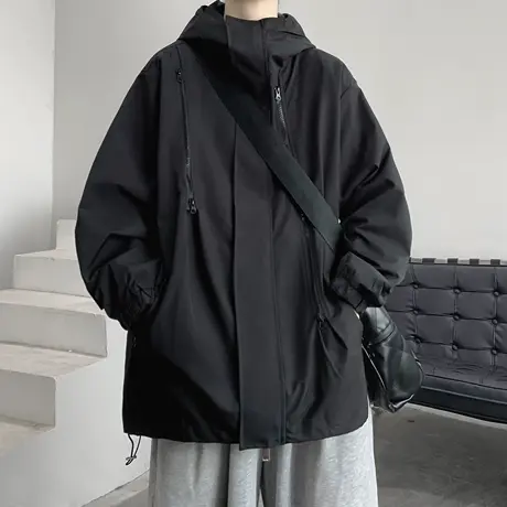 美式黑色冲锋衣外套男春秋季2023新款大码胖子休闲宽松美拉德夹克商品大图