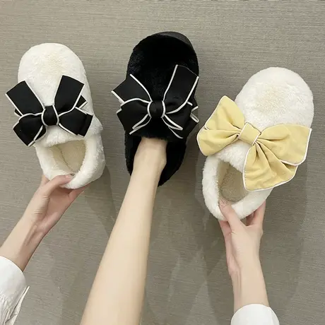 网红ins蝴蝶结棉拖鞋女包跟可爱冬季保暖毛绒居家用室内软底防滑商品大图