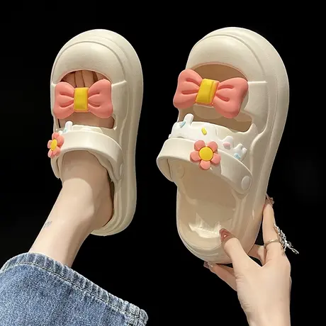 蝴蝶结花朵包头凉拖鞋女夏季可爱学生外穿踩屎感厚底防滑两穿凉鞋图片