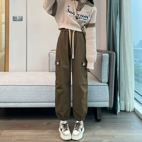 加绒工装裤女冬季高腰羊羔绒特厚小个子显瘦束脚休闲哈伦防风棉裤商品大图