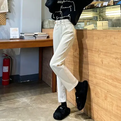 三防加绒加厚牛仔裤女秋冬新款高腰显瘦法棍裤窄版杏色直筒烟管裤图片