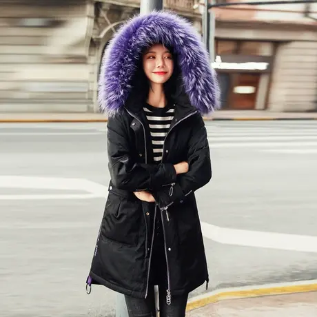 羽绒服女中长款2020新款潮冬季韩版宽松收腰显瘦修身白鸭绒大毛领图片
