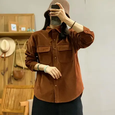 dza 复古加厚加绒长袖衬衫外套女冬季外穿口袋上衣休闲宽松短衬衣商品大图