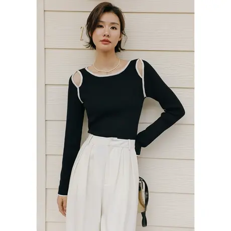 弥古黑色法式露肩针织衫显瘦镂空上衣女春秋小众挖肩毛衣内搭打底商品大图