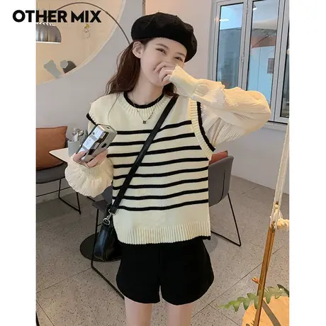 Othermix拼接假两件针织衫女2023春季新款韩版圆领条纹灯笼袖上衣图片
