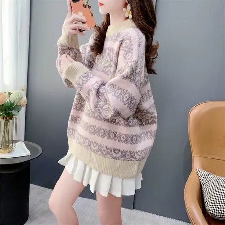 复古费尔岛提花圆领毛衣女冬季加厚2023年新款洋气减龄打底针织衫商品大图