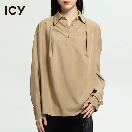 icy2023夏极简通勤尖领落肩宽松纯色绑带长袖衬衫【梦会停设计】图片