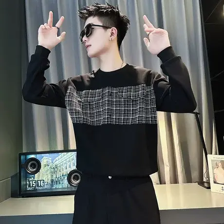 轻熟男士小香风拼接套头卫衣韩版休闲上衣2023春秋高街小众情侣服商品大图