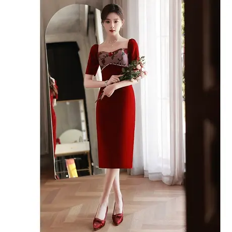 敬酒服新娘2023新款夏季修身包臀裙订婚礼服女红色连衣裙高级感商品大图