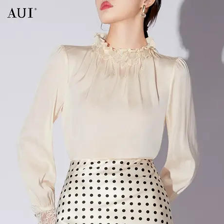 AUI杏色设计感立领衬衫女2023春秋新款高级小众上衣别致漂亮小衫商品大图