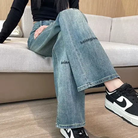 美式阔腿刺绣牛仔裤女2024年春季新款高腰显瘦宽松复古直筒长裤潮商品大图