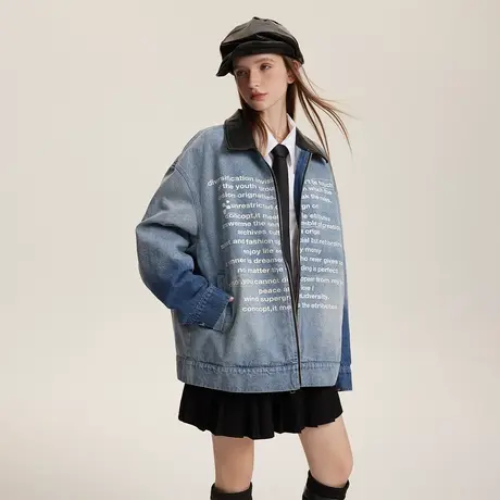 潮牌复古印花拼接牛仔外套女春秋2024新款设计感情侣宽松夹克上衣商品大图