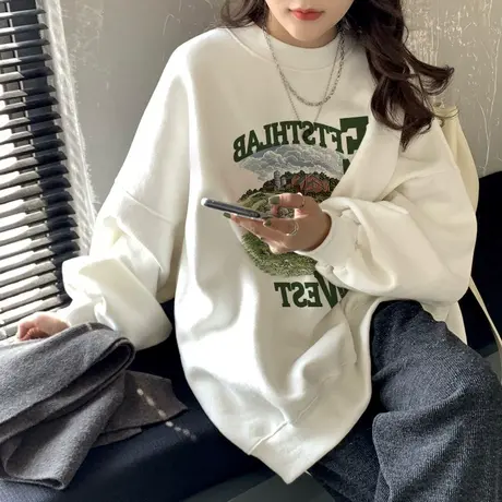 春秋薄款圆领卫衣女2024新款小个子ins潮牌宽松oversize上衣外套商品大图