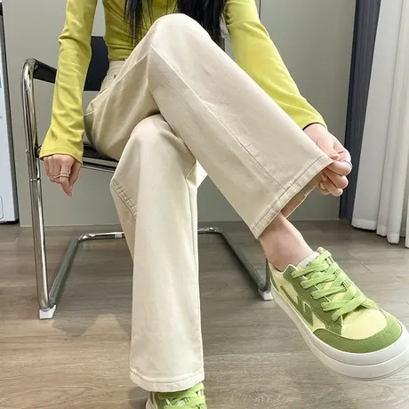 米白色窄版阔腿牛仔裤女春季2024新款高腰宽松显瘦弹力直筒拖地裤图片