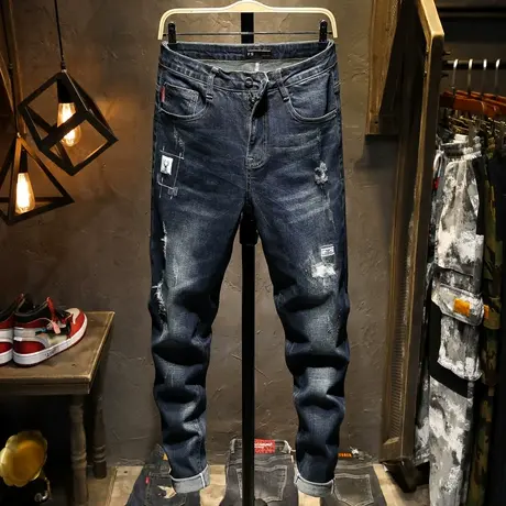 春夏款潮牌牛仔裤男修身小脚长裤子男破洞韩版潮流男士休闲2021款商品大图