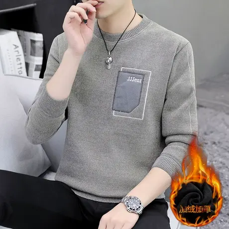 一体绒男士雪尼尔毛衣秋冬季休闲圆领打底衫加绒加厚潮牌保暖上衣商品大图