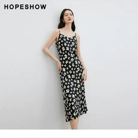 红袖黑底碎花V领吊带裙hopeshow2024春季新款收腰显瘦侧拉连衣裙图片