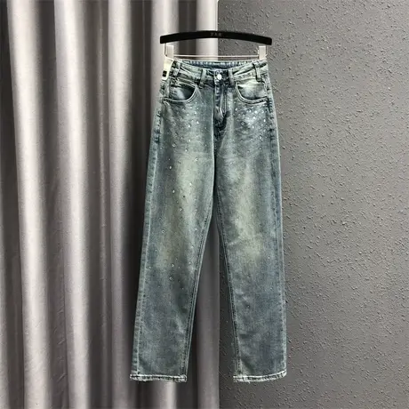 欧货韩版直筒裤女2024春夏新款重工烫钻气质高腰百搭牛仔烟管长裤图片