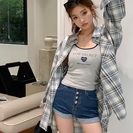 2024春夏新款薄款美式格子防晒长袖衬衫女薄款宽松慵懒风休闲上衣图片