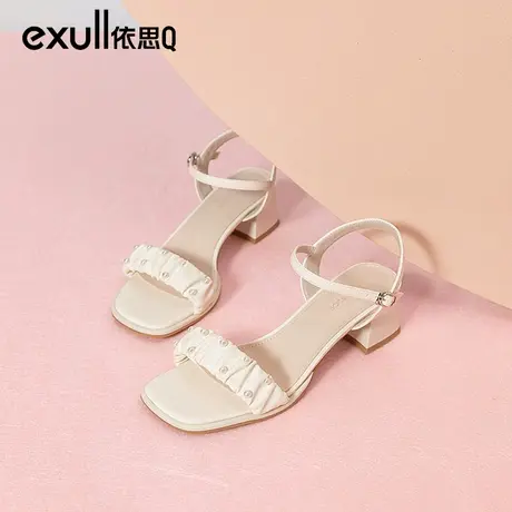 依思q褶皱珍珠两穿凉鞋女2024夏季新款仙女风配裙子露趾高跟鞋子商品大图