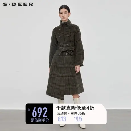 sdeer圣迪奥女装老钱风立领高级感格纹收腰毛呢长款大衣S23462504图片