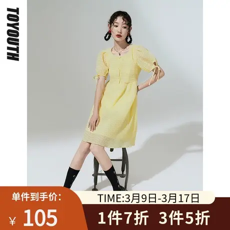 TOYOUTH初语连衣裙女夏季新款肌理感素色格泡泡袖圆领中裙图片