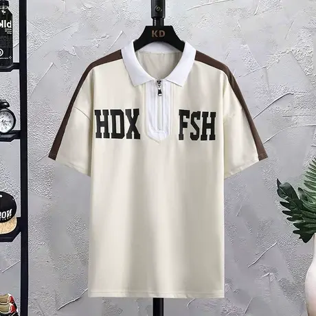 半拉链polo衫男夏季翻领短袖t恤男潮牌青少年撞色落肩半袖体恤衫T商品大图