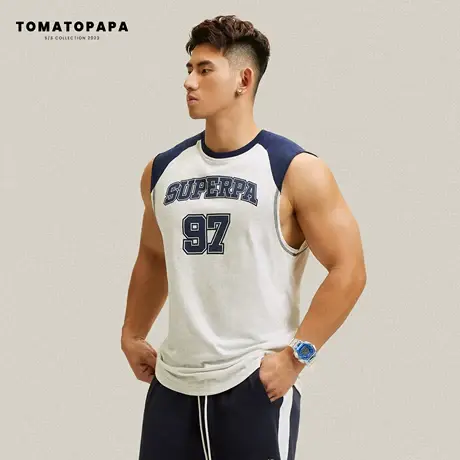TOMATOPAPA原创美式背心男插肩袖字母印花运动健身无袖马甲男上衣商品大图