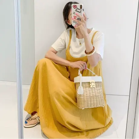夏装新款吊带面料连衣裙女中长款韩版宽松大码A字亚麻时尚娃娃裙图片