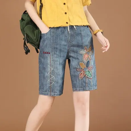 韩潮袭人松紧腰刺绣牛仔五分裤女2023夏新款百搭休闲直筒裤短裤薄商品大图