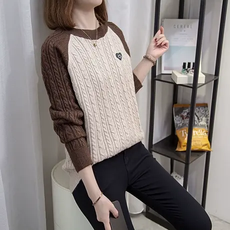 圆领麻花毛衣女套头2023春秋冬新款拼色针织内搭打底衫宽松上衣潮图片