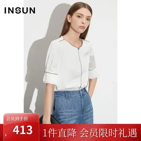 [新国风]恩裳COVER2023夏款新款建筑线条感微落肩提花银边衬衫女商品大图