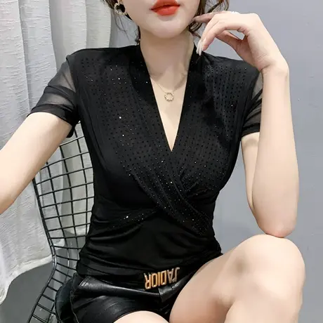 欧货性感网纱短袖T恤女2023夏季新款时尚交叉V领小衫重工烫钻上衣商品大图