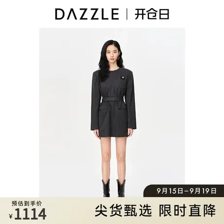 DAZZLE地素奥莱 春季黑色条纹刺绣装饰直筒宽松长袖连衣裙女图片