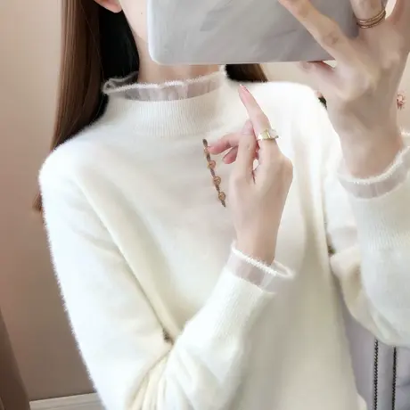 半高领水貂绒加厚蕾丝针织衫2021年新款宽松洋气内搭毛衣打底衫女商品大图