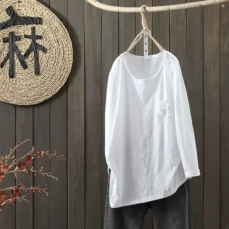 枫谜2021年春装新款文艺简约口袋全棉长袖T恤女开叉打底T恤上衣图片