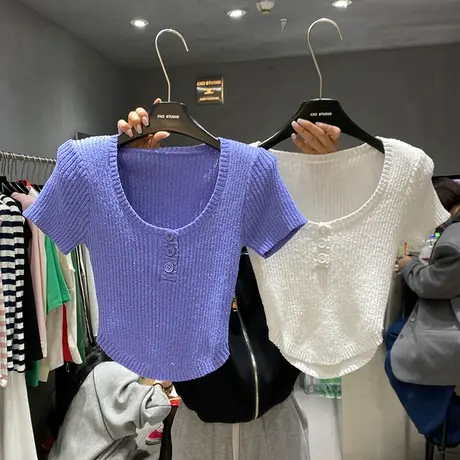 韩国东大门春夏季新款百搭短款修身U领扣子设计短袖针织衫T恤女潮商品大图