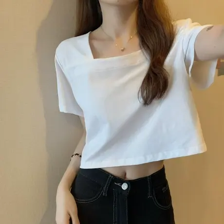 方领短袖t恤女露锁骨纯色高腰设计感小众心机露肚脐短款辣妹上衣商品大图