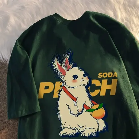 纯棉重磅美式复古兔子短袖t恤女2023年新款夏季宽松港味chic上衣图片