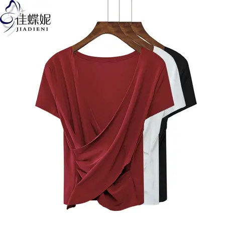 夏季新款韩版V领修身褶皱修身短袖体恤上衣内搭女打底衫纯棉T恤商品大图