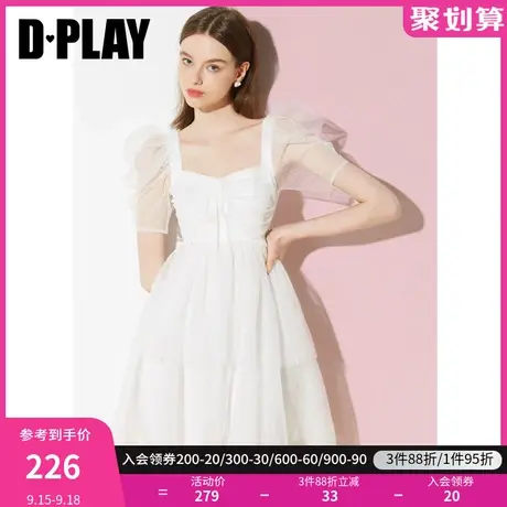 DPLAY夏新甜美少女感羊腿袖抽褶系带沙滩裙蝴蝶结连衣裙图片