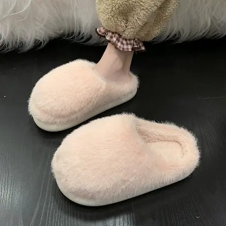 欧货厚底增高毛毛包头半拖鞋女外穿秋冬懒人办公室内家居毛绒棉拖商品大图