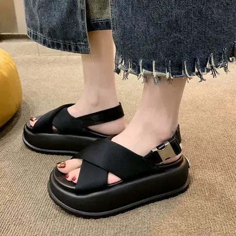 厚底凉鞋女2023夏季新款欧货时尚显瘦小个子百搭增高黑色罗马潮鞋图片